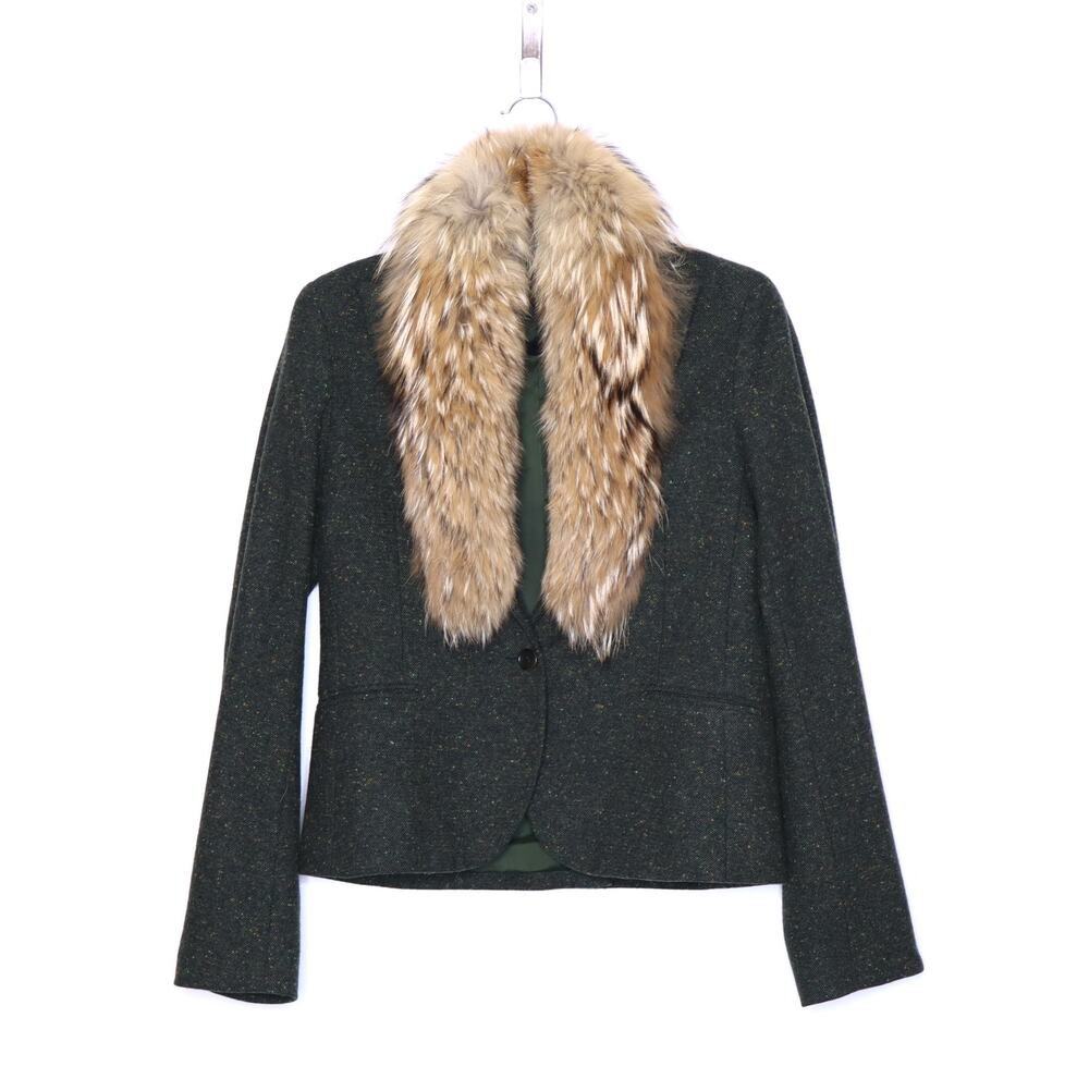 THEORY Tweed Blazer Jacket Olive Green Removable Rabbit Fur Collar Women's 8